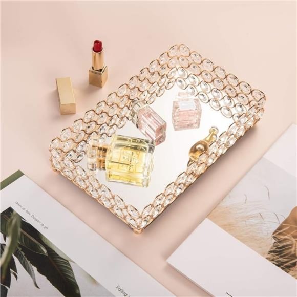 Crystal Mirrored Cosmetic Tray Vanity Rectangle Jewelry Trinket Organizer Tray - Picture 6 of 7
